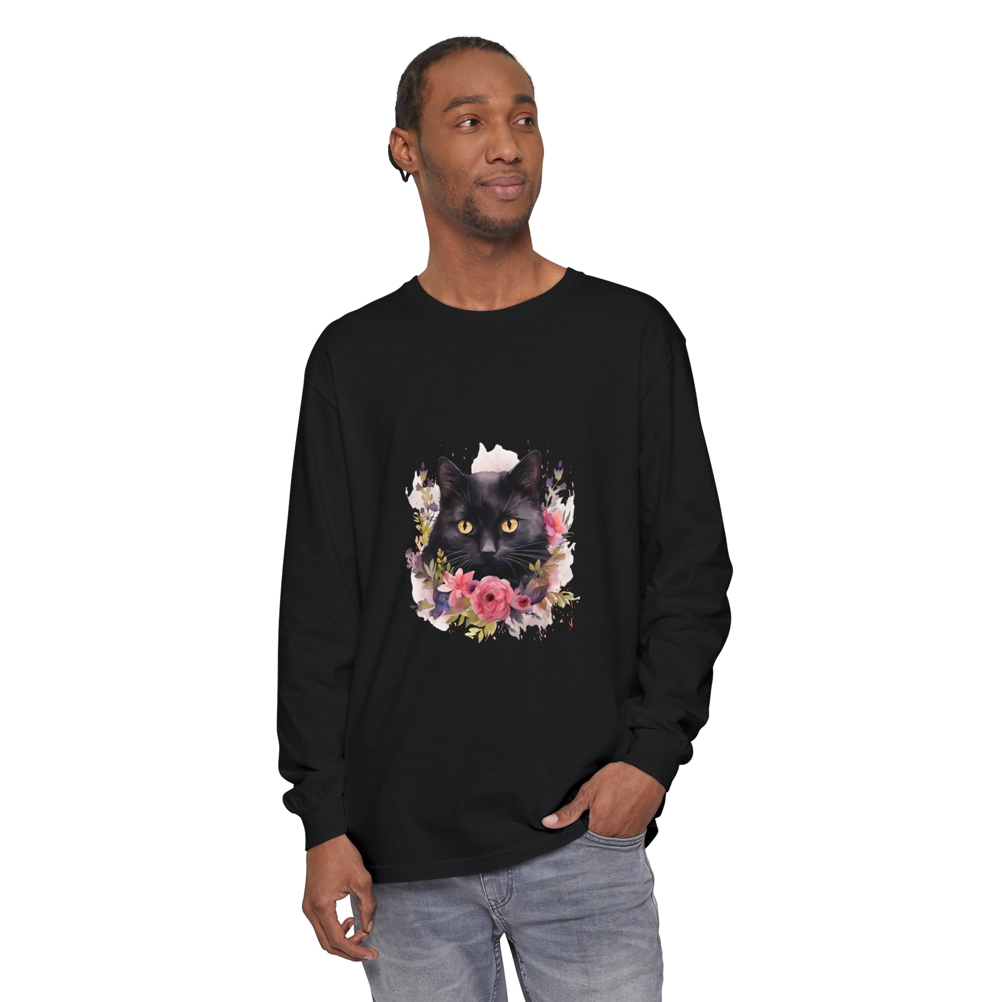 Black Cat Floral Watercolor Long Sleeve T-Shirt with vibrant watercolor design