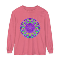 Vibrant purple and green mandala design long sleeve t-shirt for women
