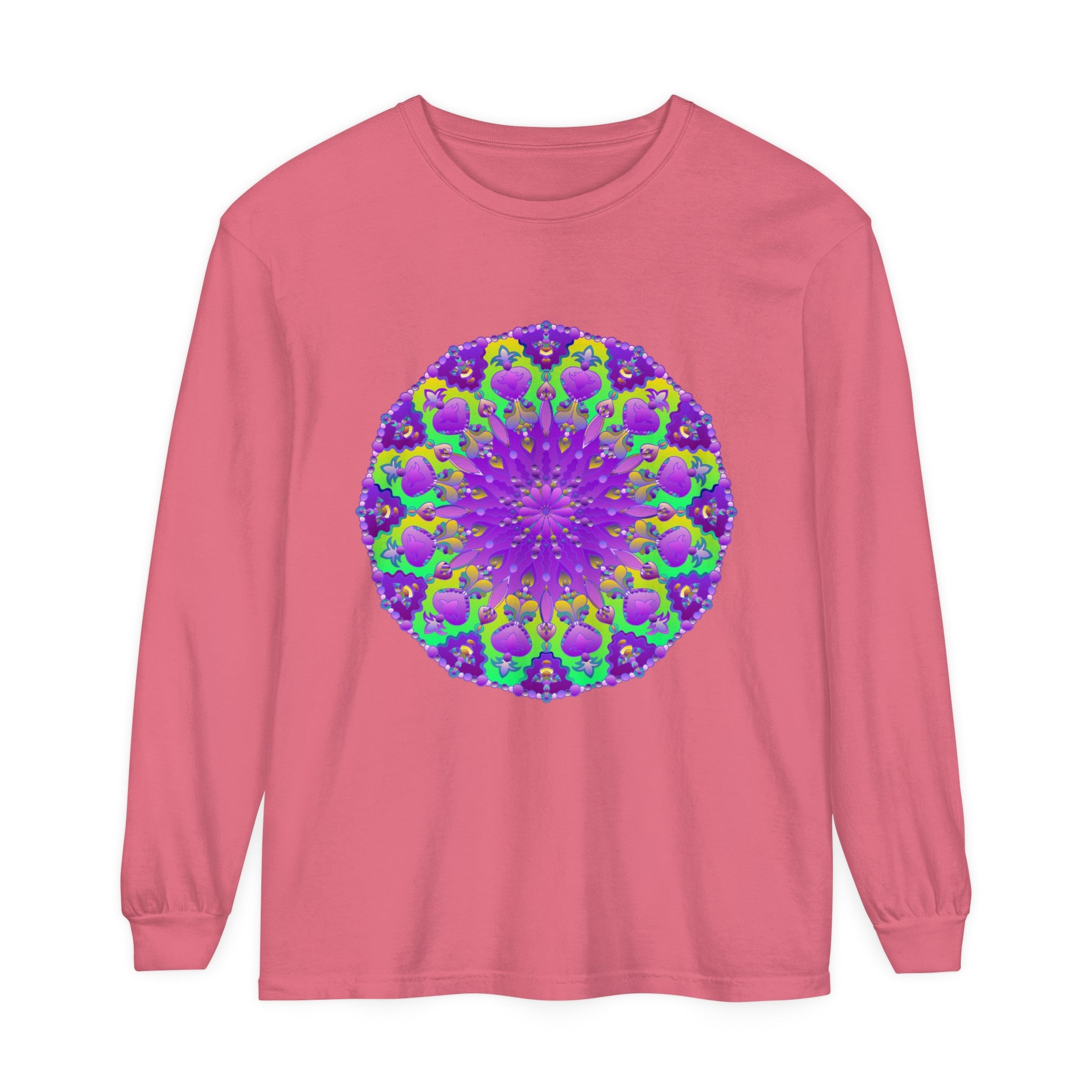 Vibrant purple and green mandala design long sleeve t-shirt for women