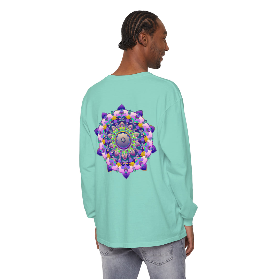 Colorful and detailed mandala design on a unisex long sleeve t-shirt