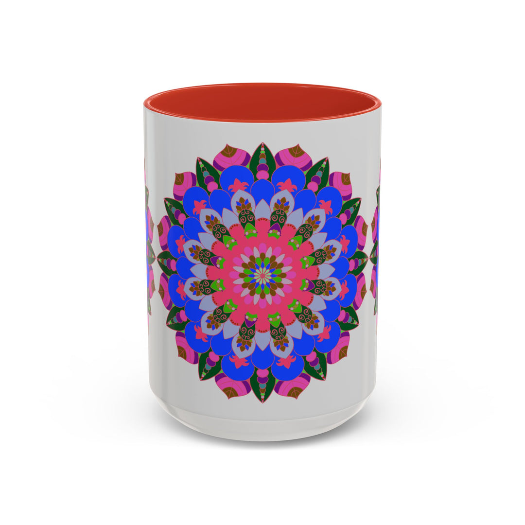 Mandala mug with colorful and intricate design on white background