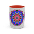 Mandala mug with colorful and intricate design on white background