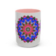 Colorful and detailed mandala design on a white ceramic mug