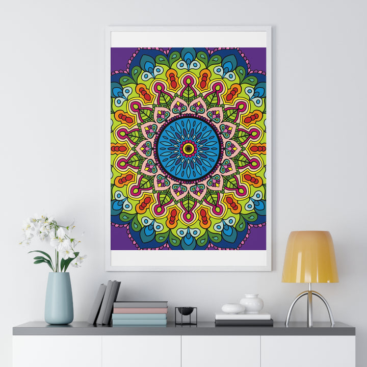 Hand-drawn mandala art poster framed vertically for mindfulness and yoga