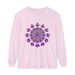 Intricate Mandala design in vibrant colors on a unisex long sleeve T-shirt