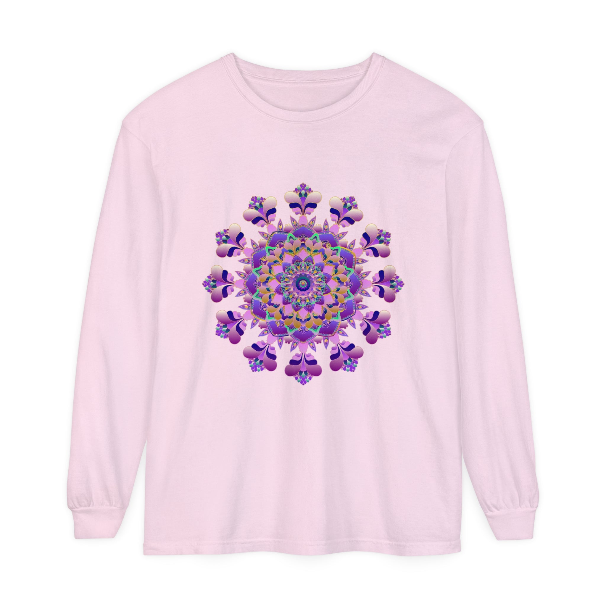 Intricate Mandala design in vibrant colors on a unisex long sleeve T-shirt