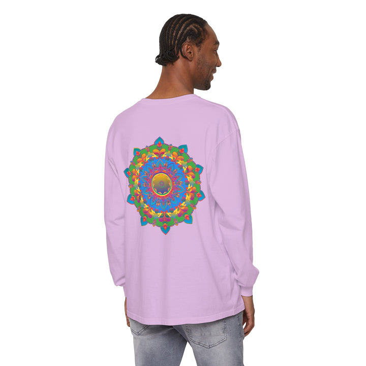 Long sleeve t-shirt featuring an intricate mandala design in vibrant colors