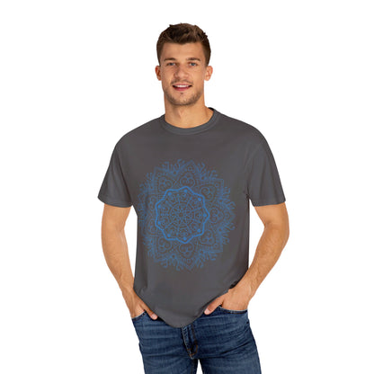 Handmade unisex Mandala T-shirt featuring a unique, hand-drawn design and garment-dyed for a one-of-a-kind look