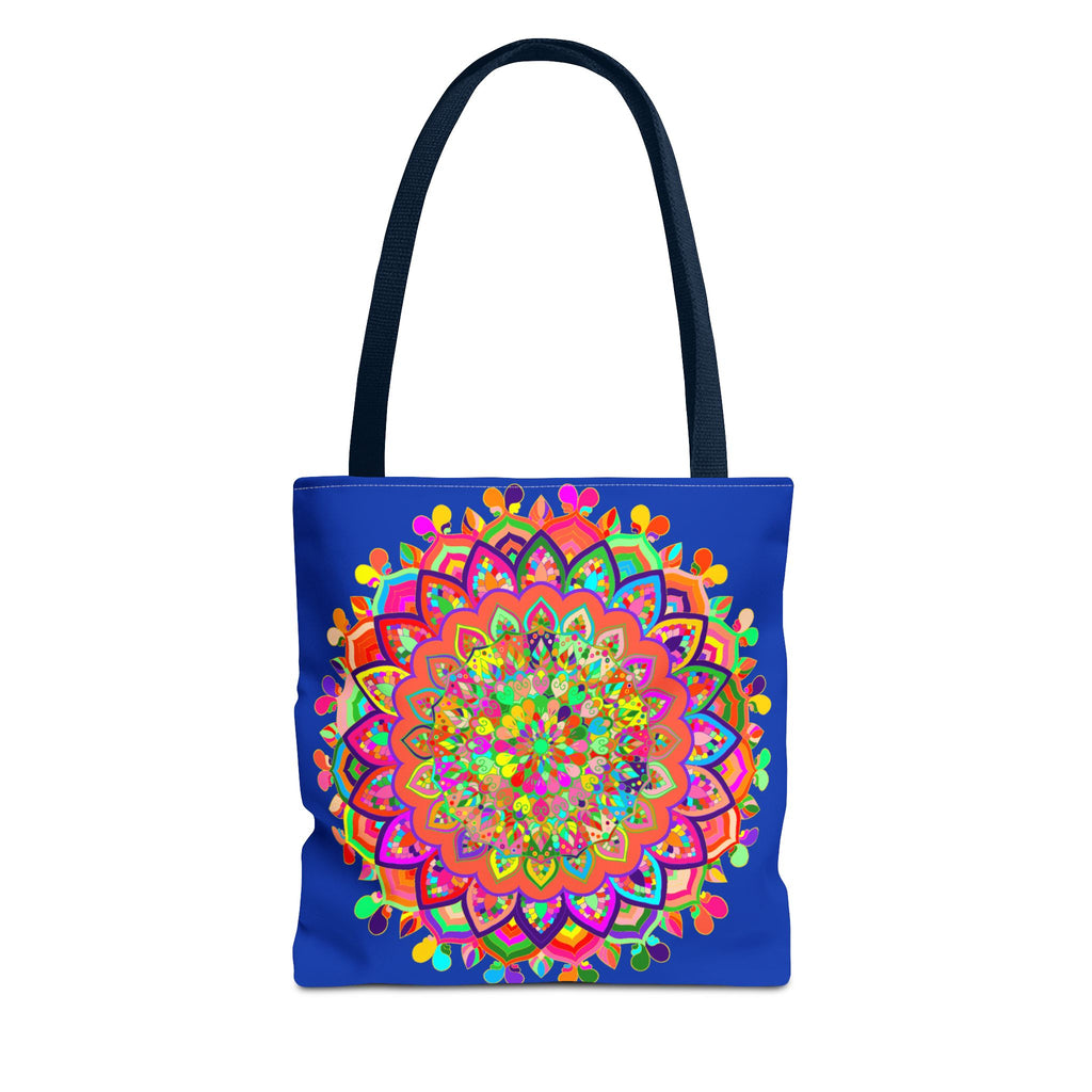 Dark blue tote bag adorned with a stunning and colorful mandala pattern