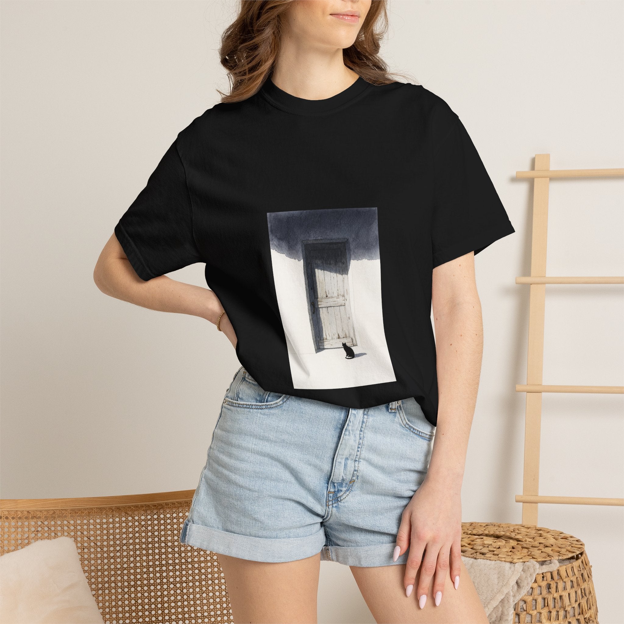 T-Shirt — Minimal Art Cat at Door Graphic Tee