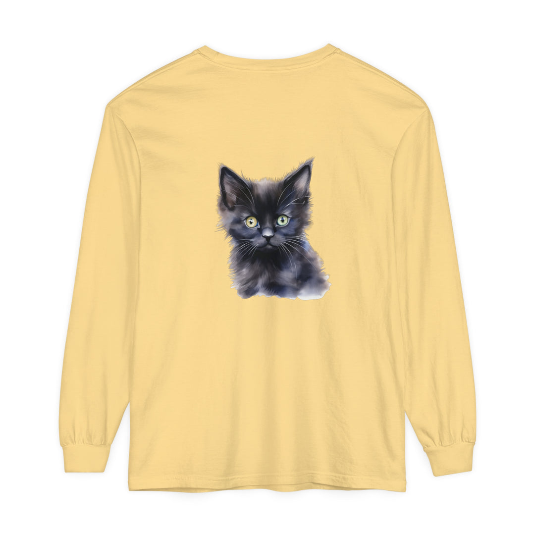 A close-up image of the Mystical Kitten unisex long sleeve T-shirt in black, featuring a colorful and intricate cat design with a mystical and enchanting vibe