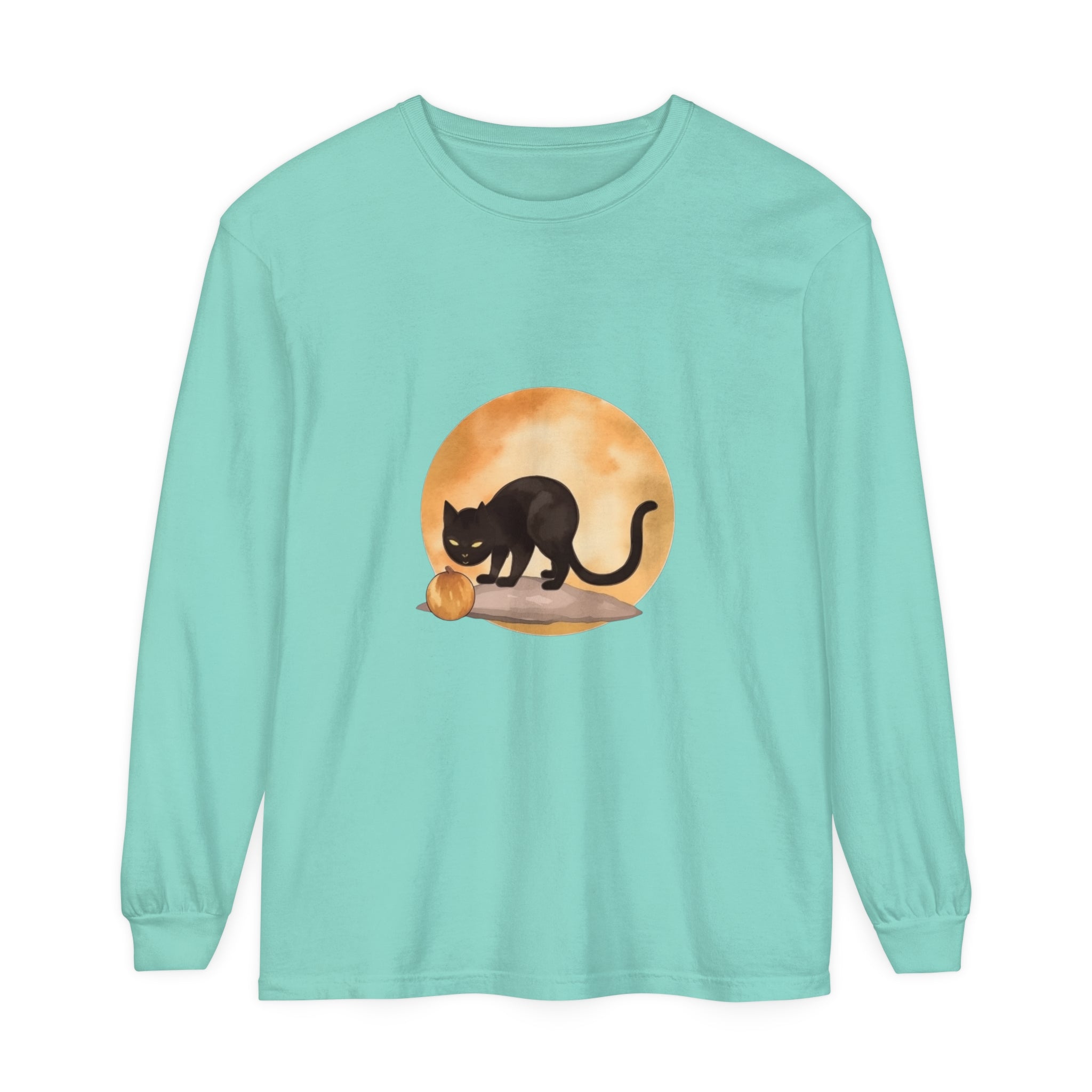 A spooky black cat sitting under a crescent moon on a Halloween-themed t-shirt