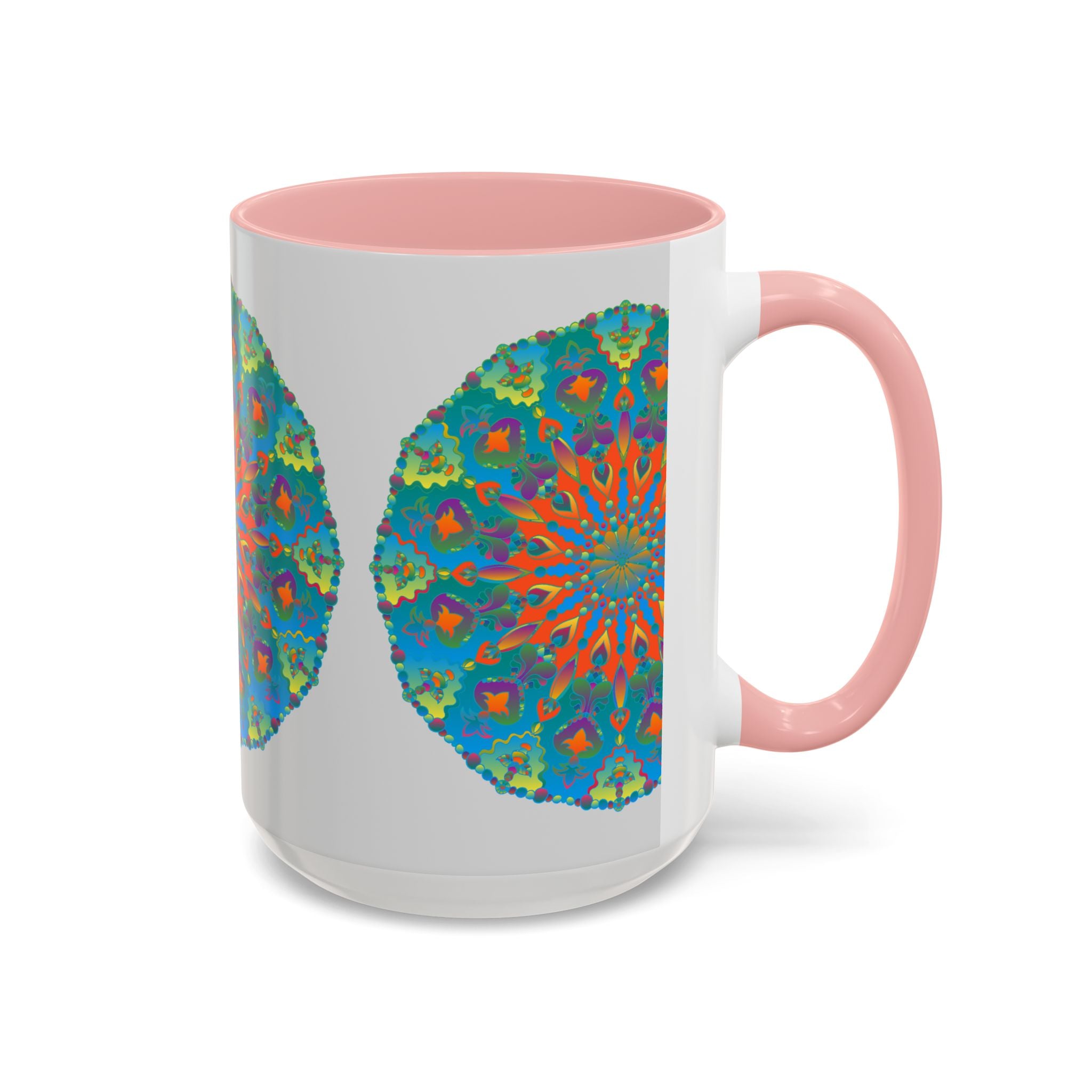 Intricately designed blue and green mandala art mug with intricate patterns