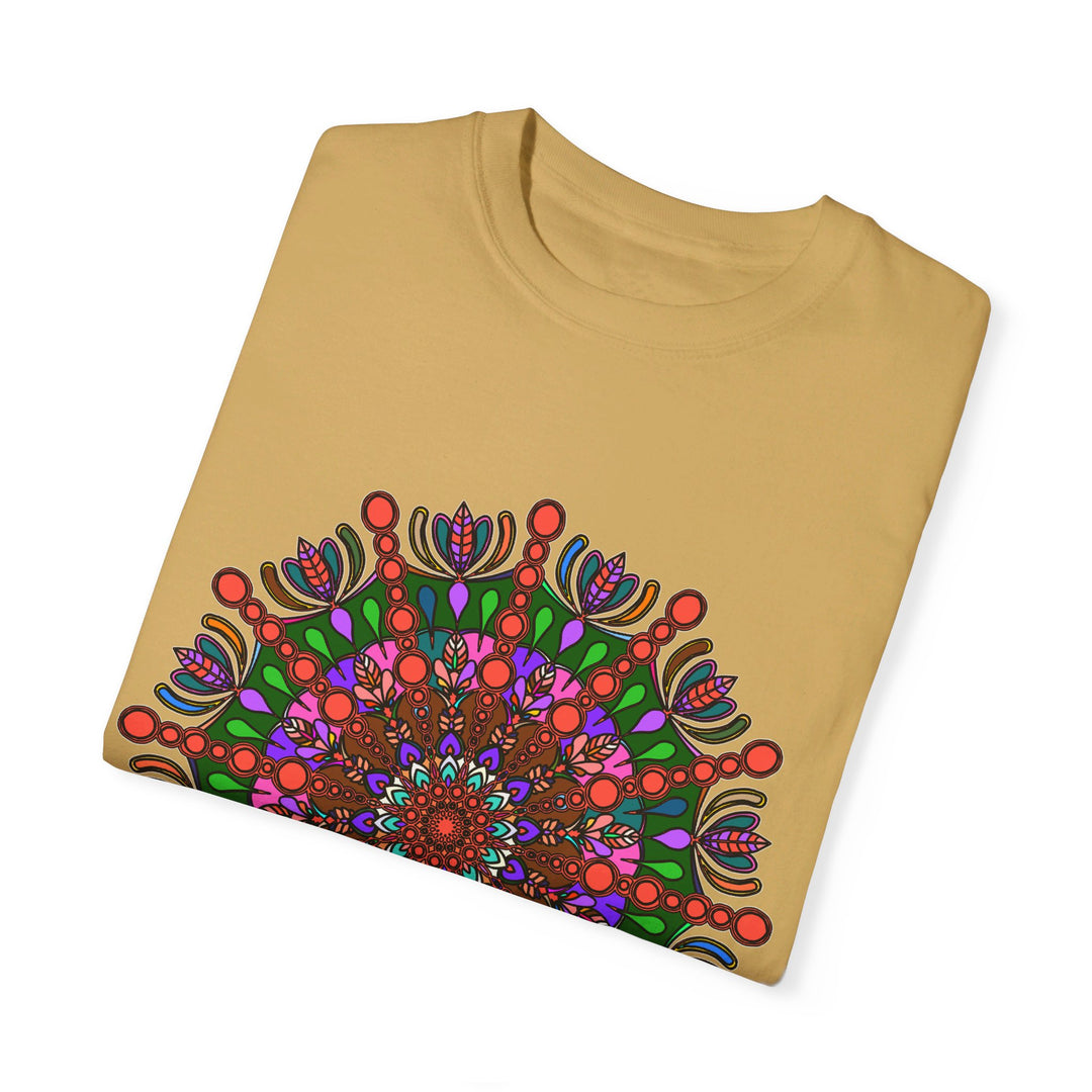 Unisex Mandala T-Shirt featuring intricately hand-drawn mandala art, made from 100% ring-spun cotton and garment-dyed for extra comfort