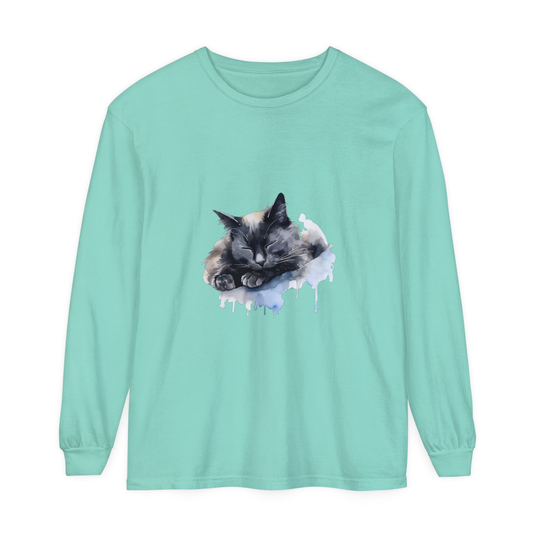 Adorable watercolor illustration of a sleeping cat on a t-shirt