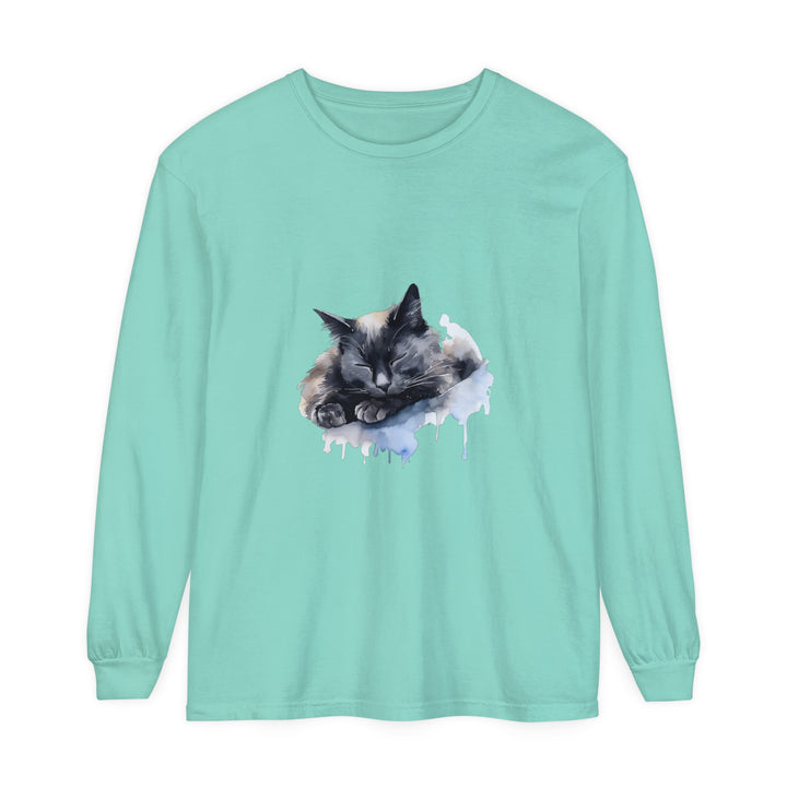 Adorable watercolor illustration of a sleeping cat on a t-shirt