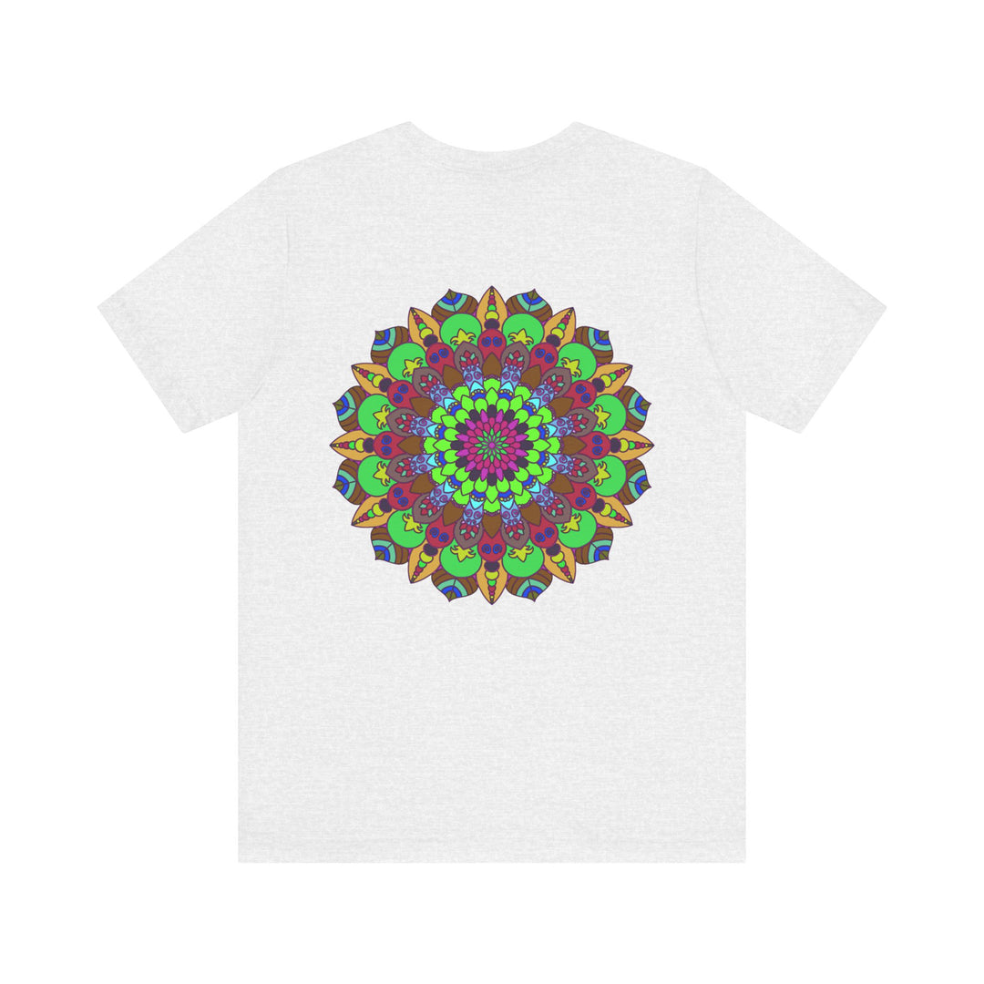 Vibrant mandala t-shirt with intricate designs in beautiful shades of blue, purple, and green, promoting peace and harmony 