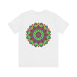Vibrant mandala t-shirt with intricate designs in beautiful shades of blue, purple, and green, promoting peace and harmony 