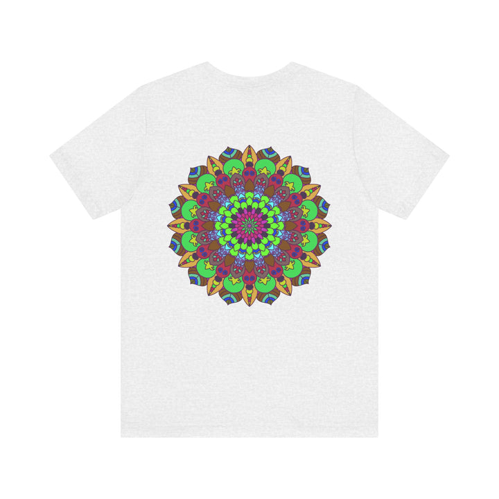 Vibrant mandala t-shirt with intricate designs in beautiful shades of blue, purple, and green, promoting peace and harmony 