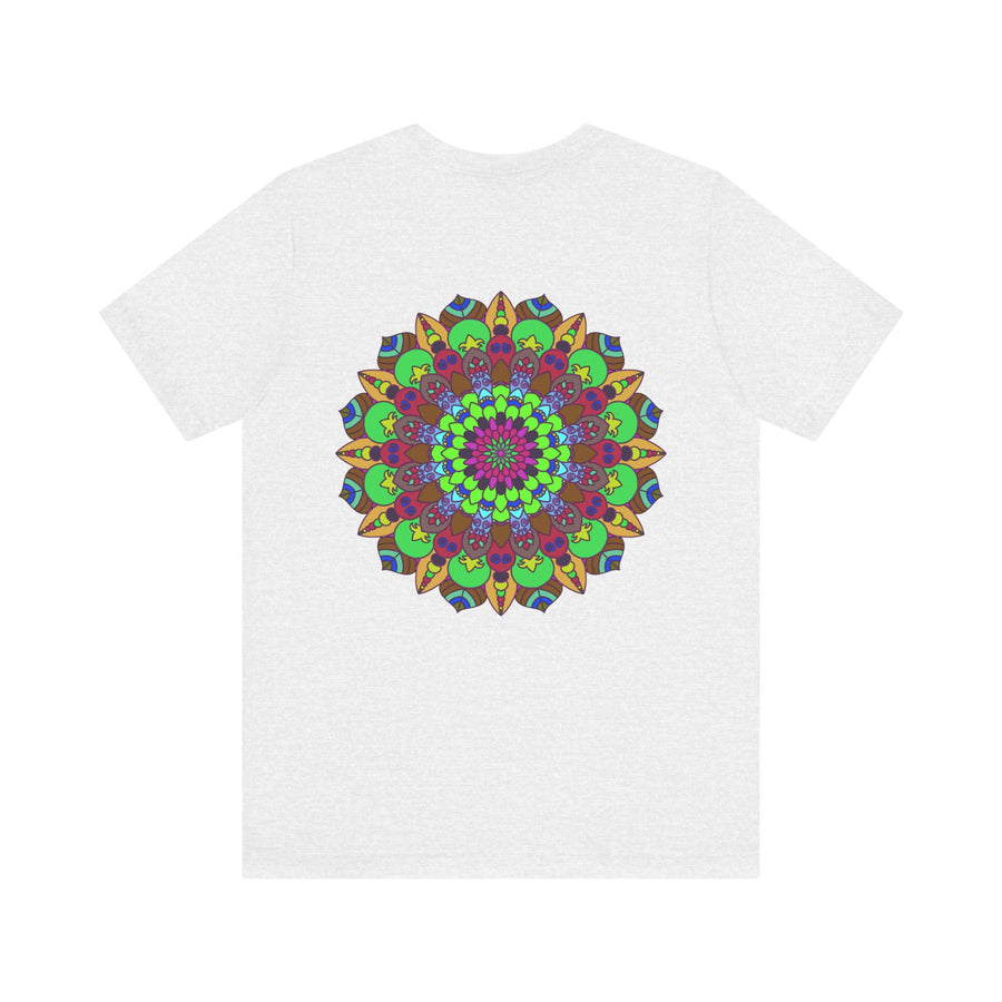 Vibrant mandala t-shirt with intricate designs in beautiful shades of blue, purple, and green, promoting peace and harmony 