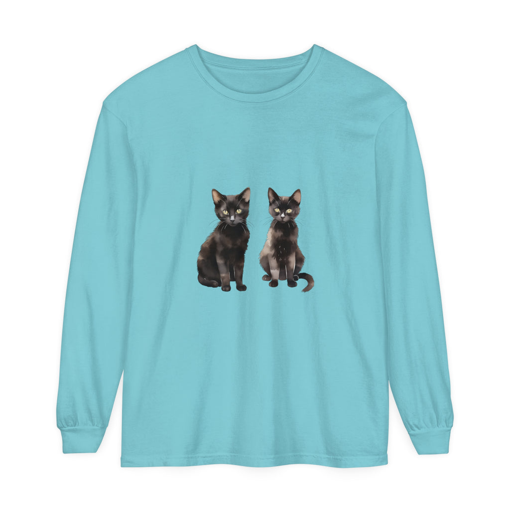 Long sleeve black cat watercolor art t-shirt, perfect for cat lovers