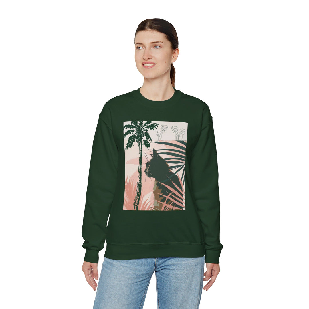 Unisex heavy blend crewneck sweatshirt with a cute cat under palm trees design