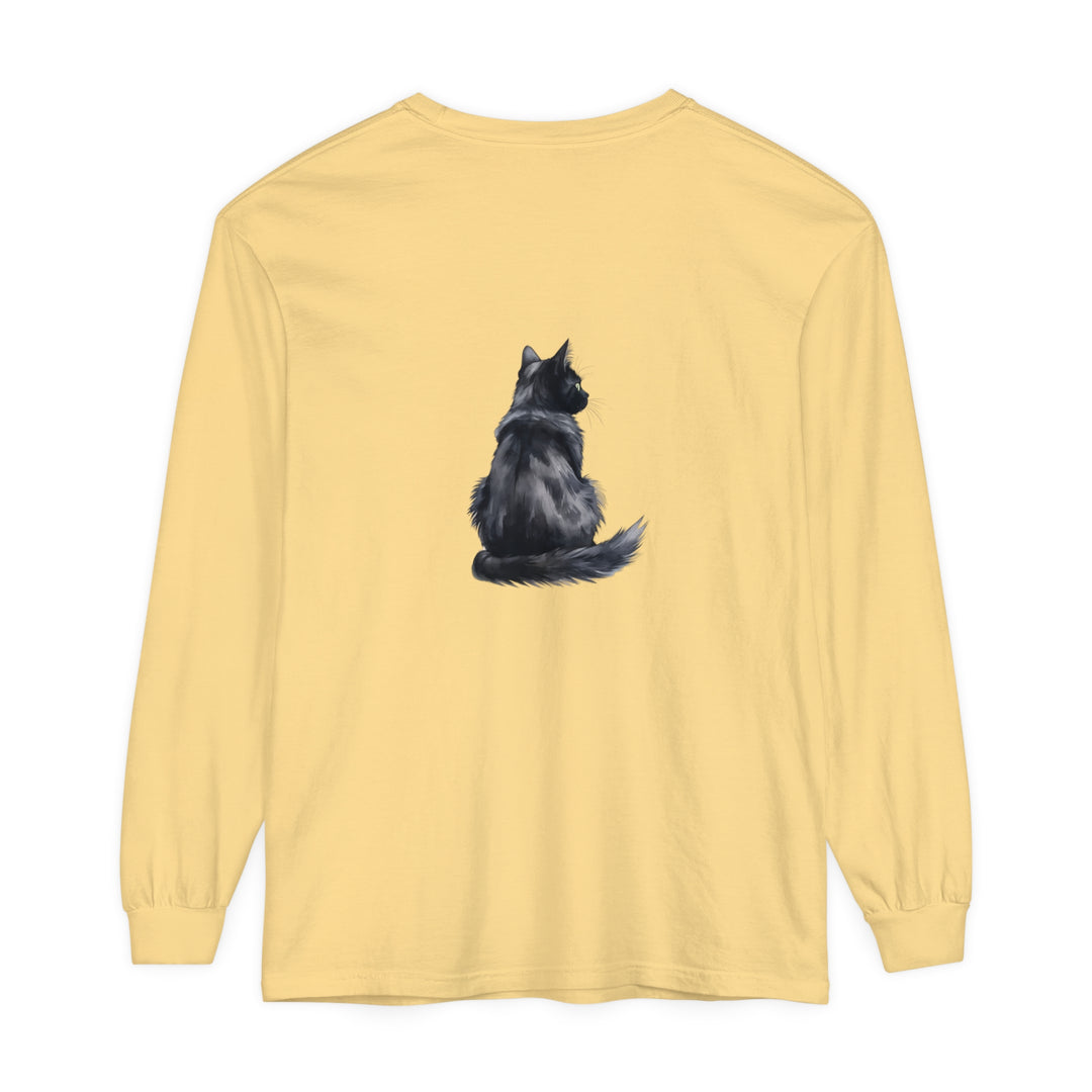 Black Cat Watercolor Long Sleeve T-Shirt with vibrant watercolor cat design