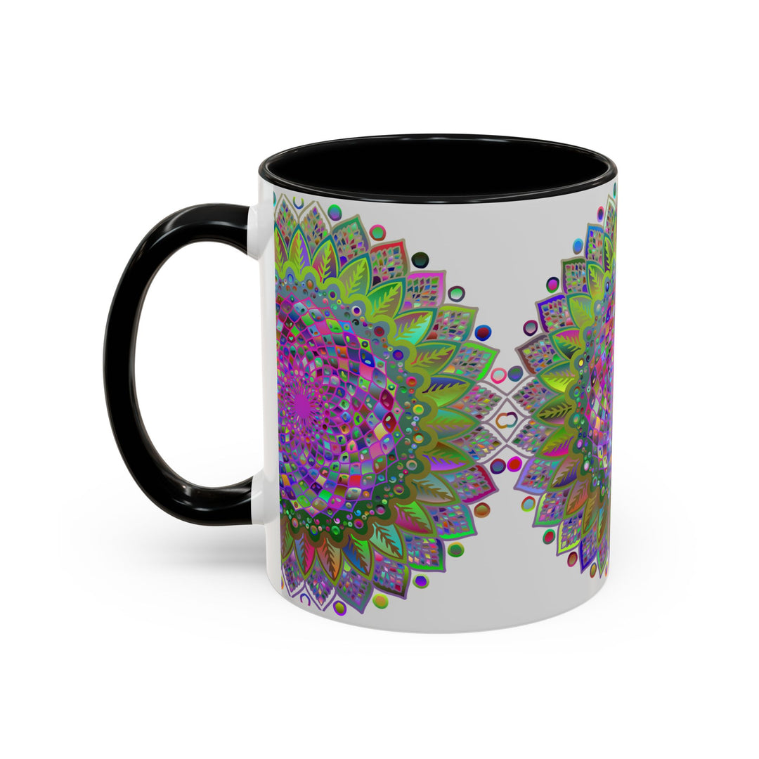 Beautiful grey mug featuring a vibrant and intricate psychedelic mandala design