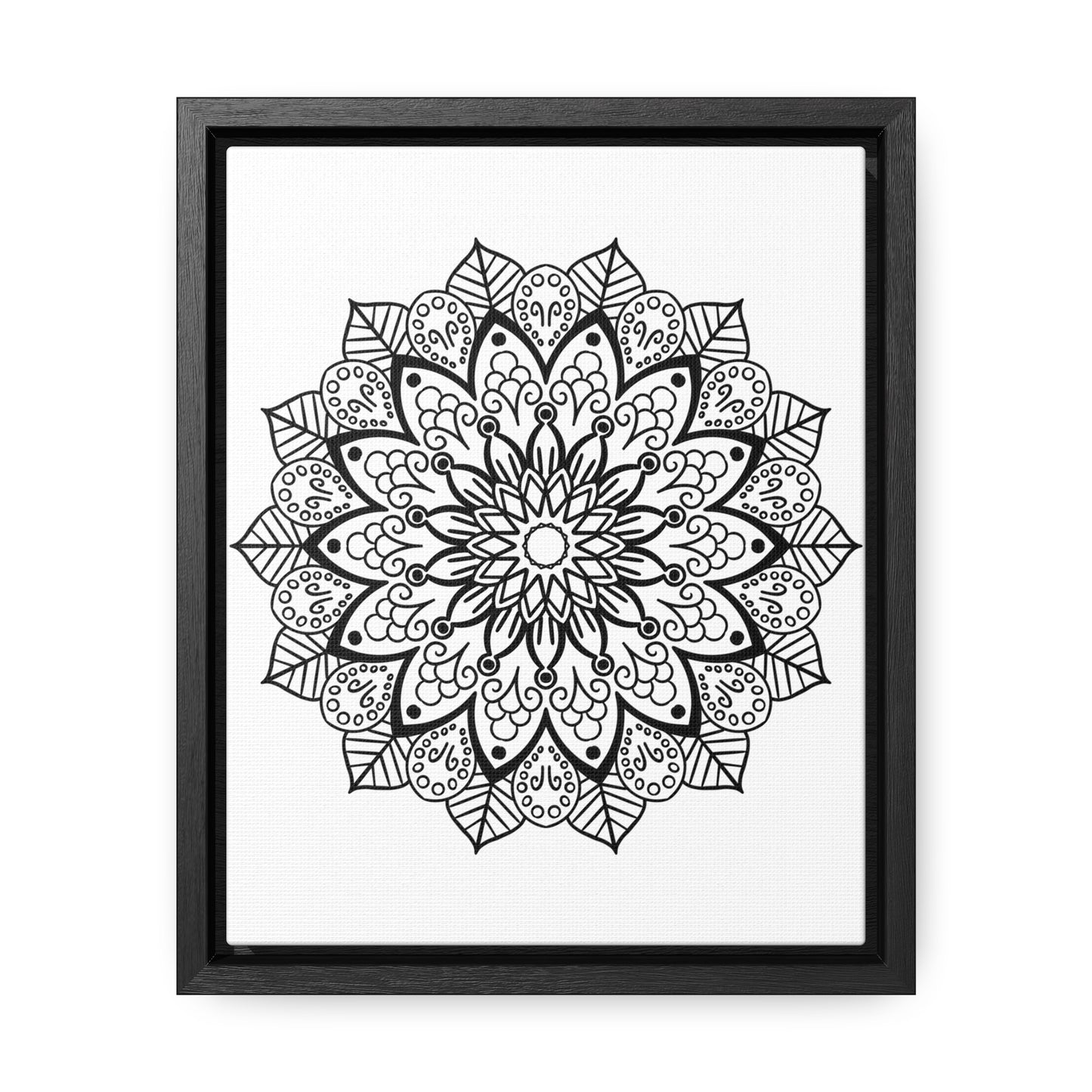 Handmade black and white mandala art on gallery canvas wraps, displayed in a vertical frame