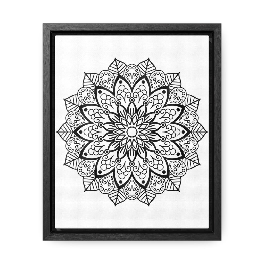 Handmade black and white mandala art on gallery canvas wraps, displayed in a vertical frame