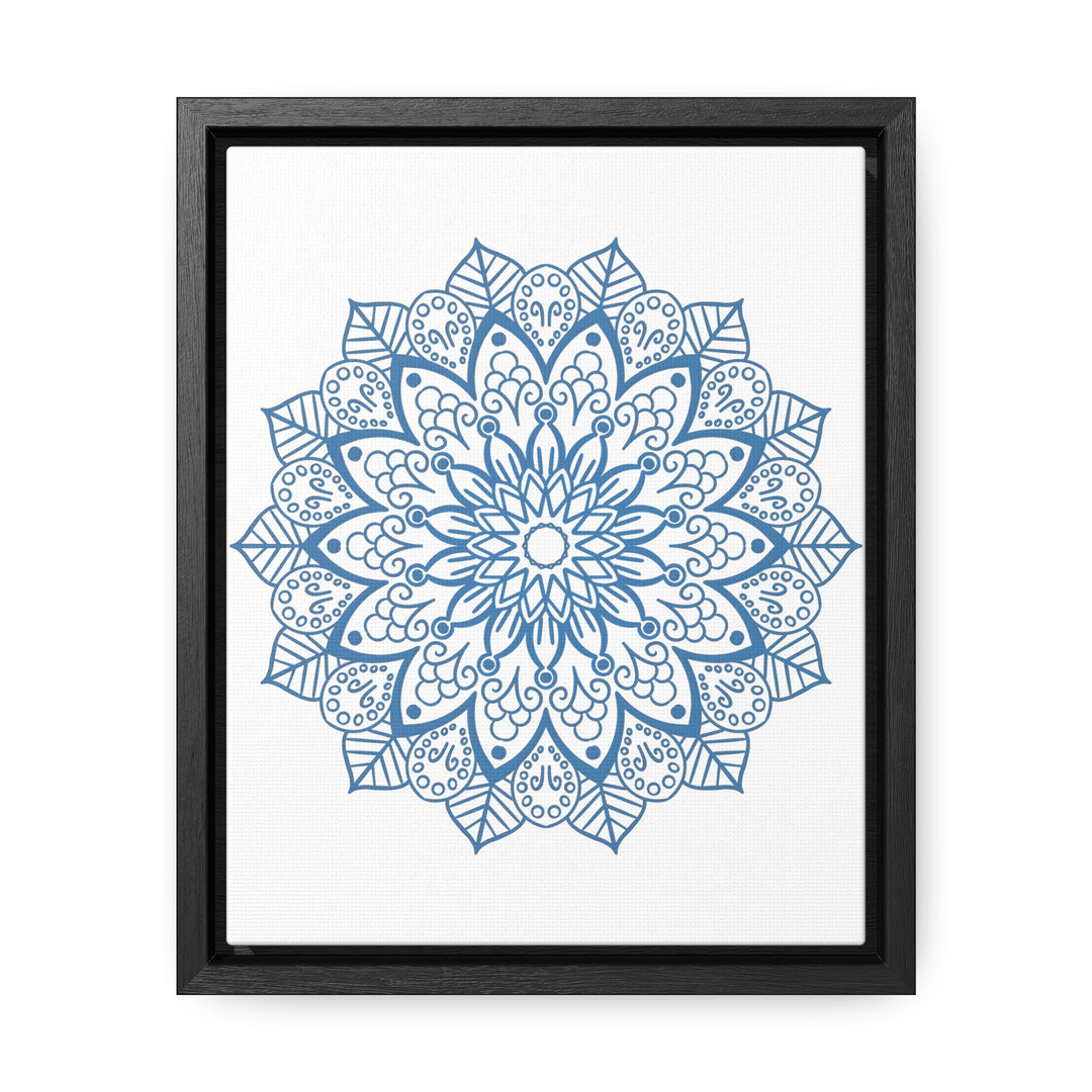 A close-up image of a steel blue Mandala Handmade Art wall art, featuring intricate mandala design on gallery canvas wraps in a vertical frame