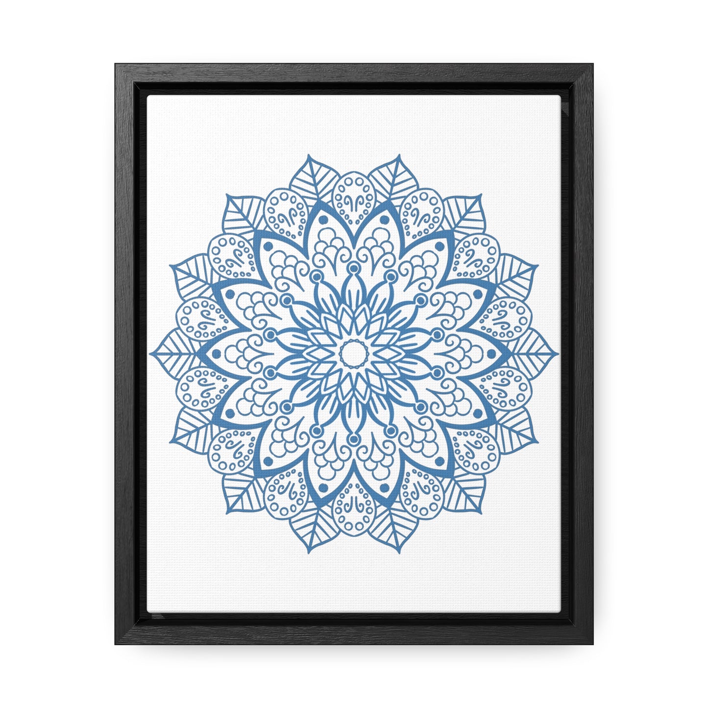 A close-up image of a steel blue Mandala Handmade Art wall art, featuring intricate mandala design on gallery canvas wraps in a vertical frame