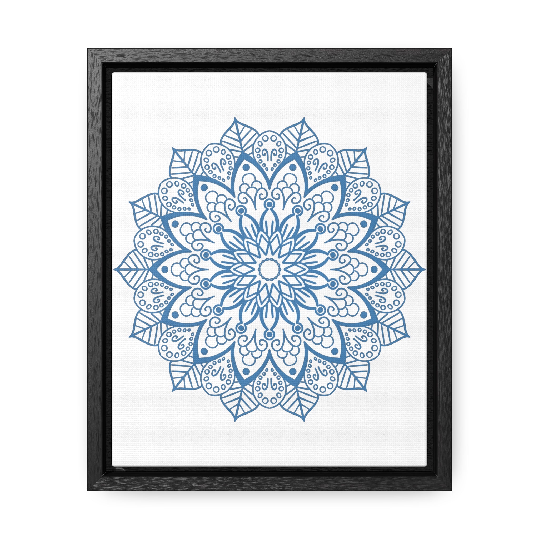 A close-up image of a steel blue Mandala Handmade Art wall art, featuring intricate mandala design on gallery canvas wraps in a vertical frame