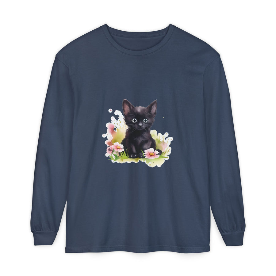 Full Sleeve Tee | Black Kitten & Pink Flowers