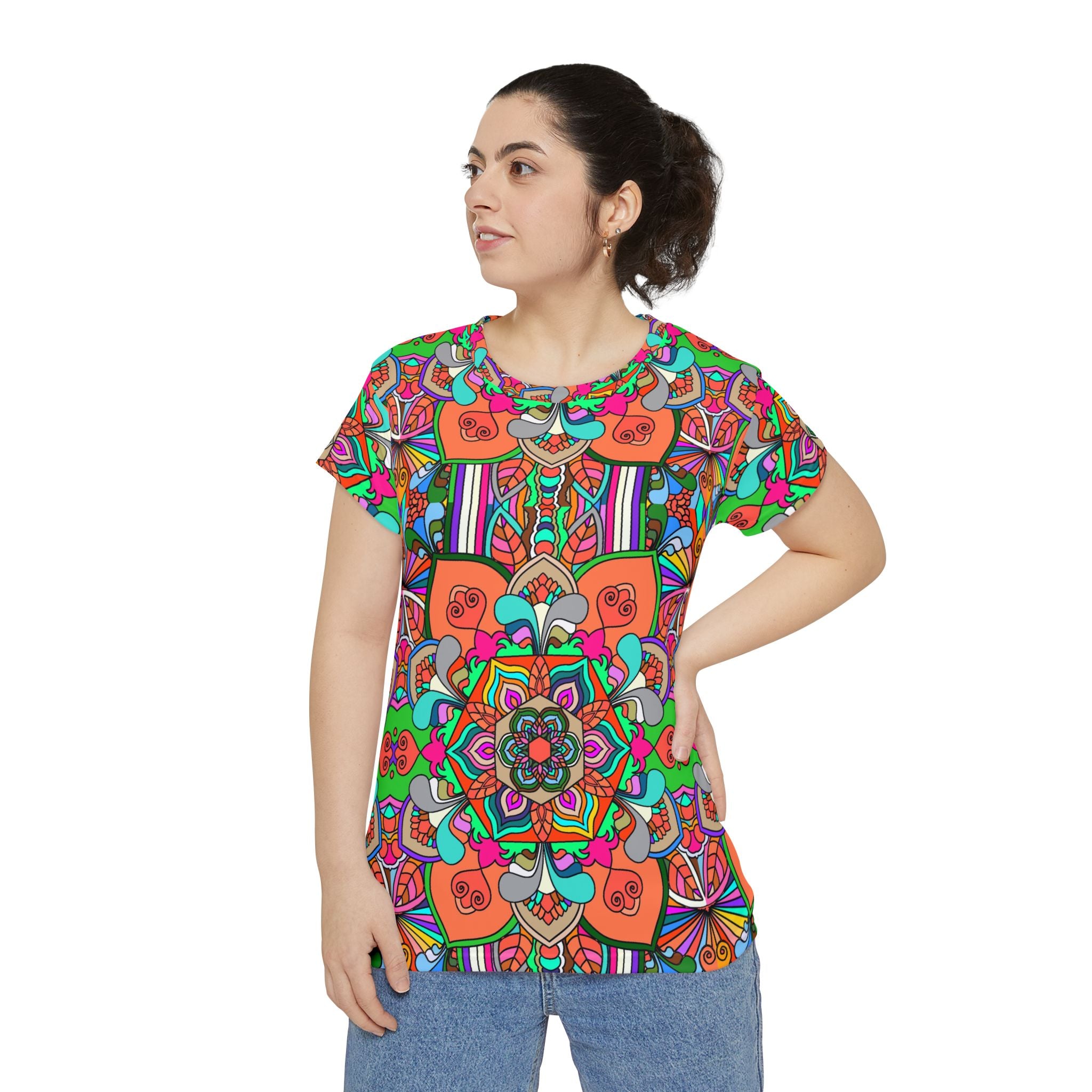 Psychedelic Mandala Kaleidoscope Women's Short Sleeve Shirt - Bright Retro Boho AOP