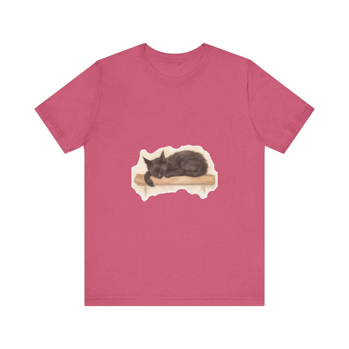 A watercolor illustration of a sleeping black cat on a t-shirt