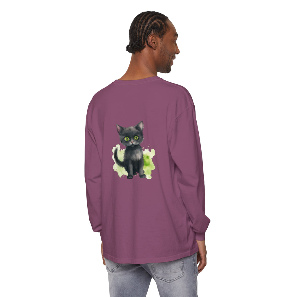 Black cat watercolor long sleeve t-shirt with vibrant and detailed design