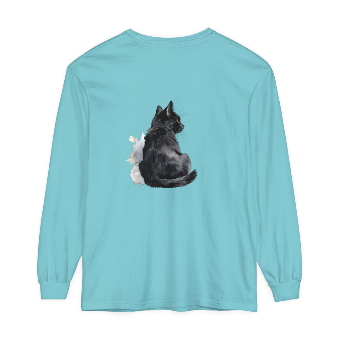 Black Cat Watercolor long sleeve unisex T-shirt with vibrant watercolor design