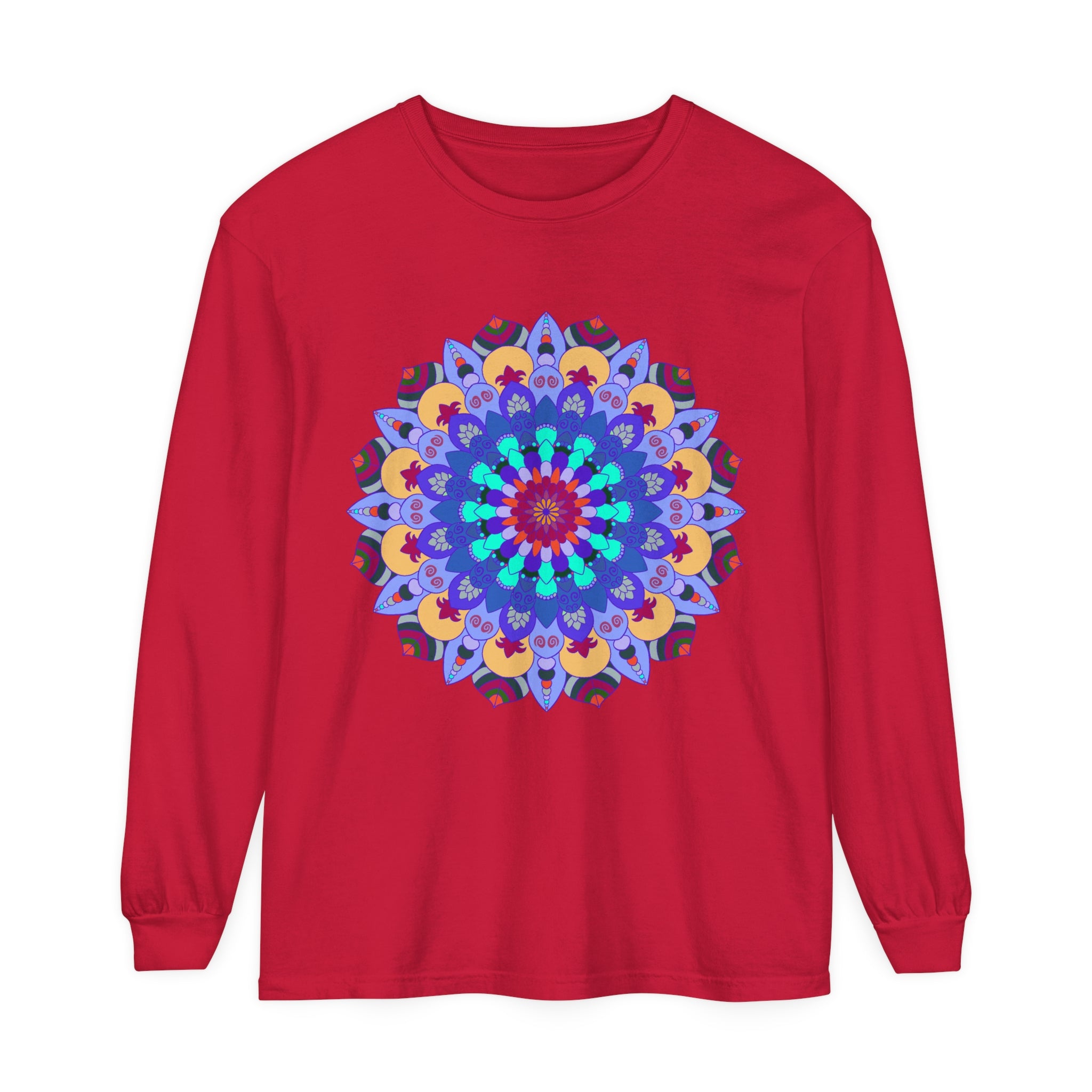 Colorful and intricate mandala design long sleeve t-shirt, perfect for adding vibrancy to your wardrobe