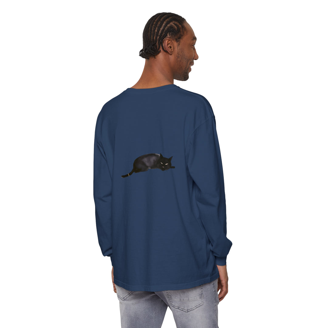 A cozy and comfortable unisex long sleeve t-shirt featuring a sleeping black cat design