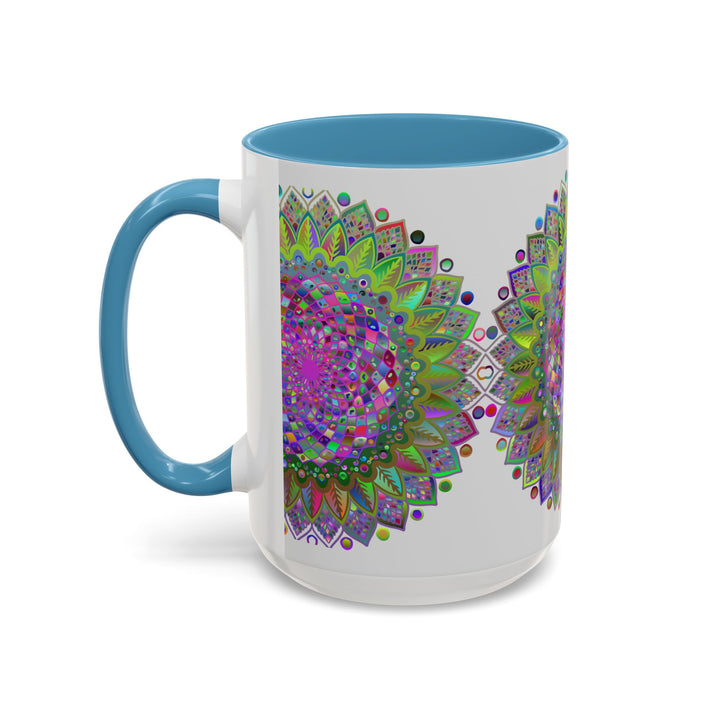 Colorful psychedelic mandala design featured on a grey ceramic mug