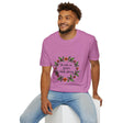 Beautiful white t-shirt with a floral garland design and calming message