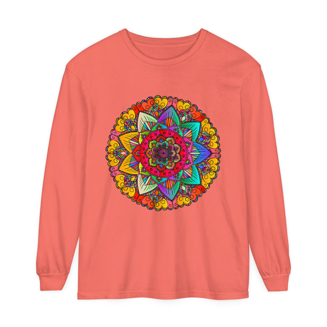 Colorful and intricate mandala design on a unisex long sleeve t-shirt