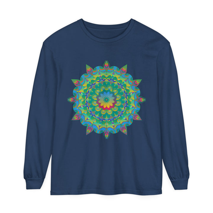 Colorful and intricate psychedelic mandala design on a long sleeve t-shirt