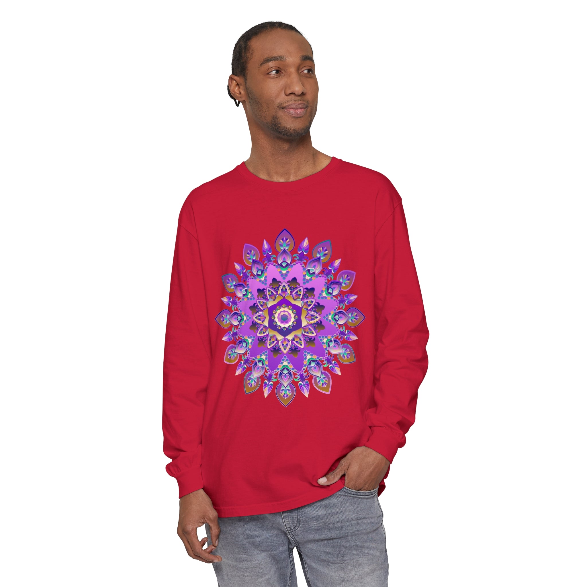 Vibrant purple and gold mandala design long sleeve t-shirt for women