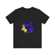 A black cat with glowing neon flowers on a mystery t-shirt