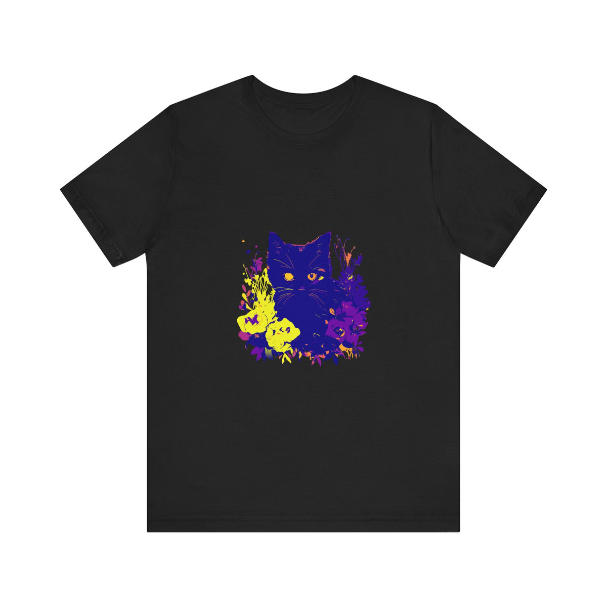 A black cat with glowing neon flowers on a mystery t-shirt