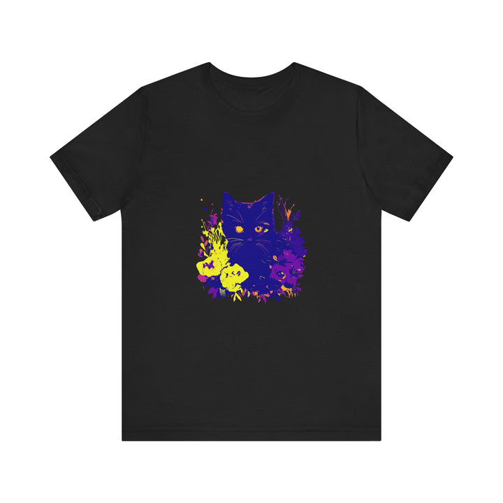 A black cat with glowing neon flowers on a mystery t-shirt