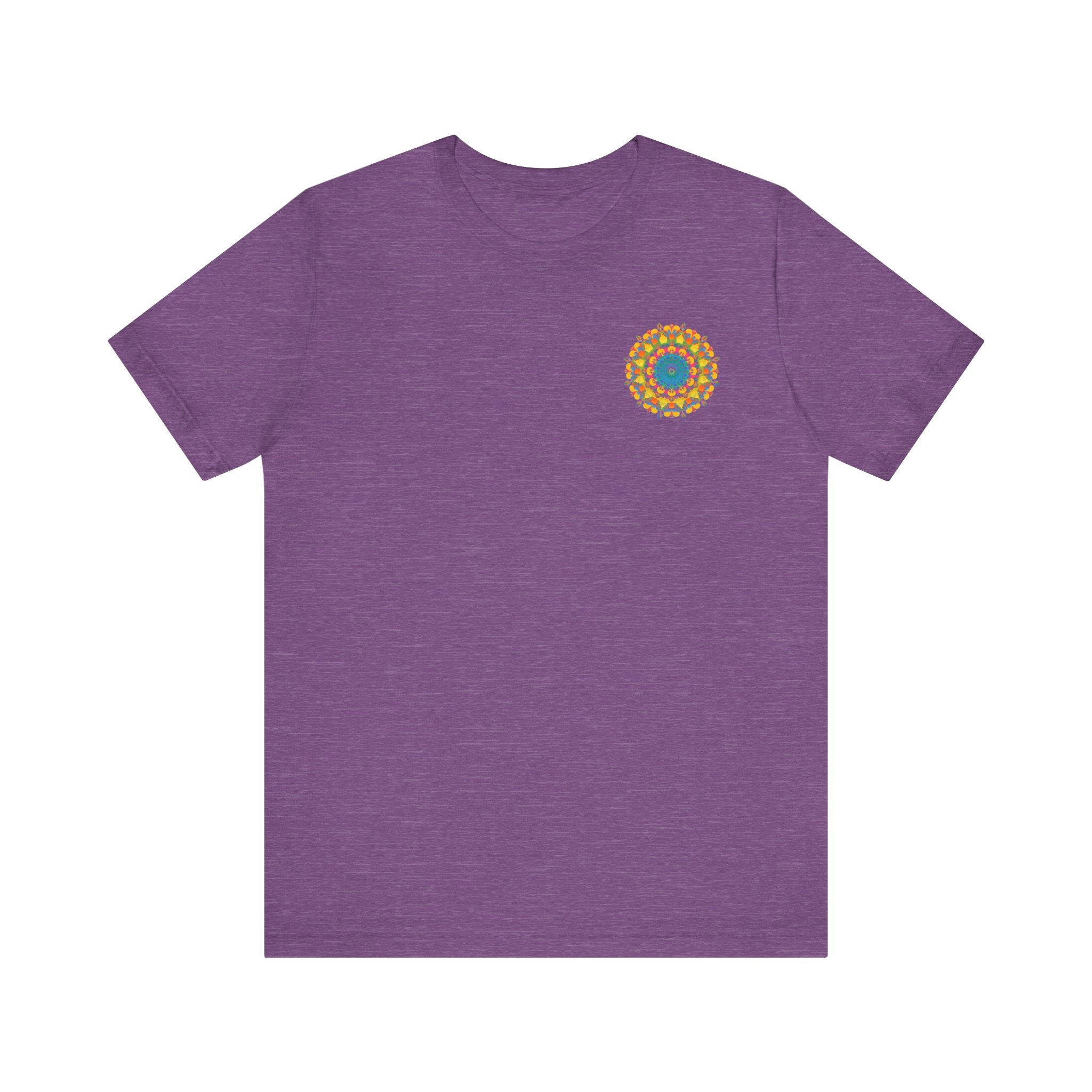 Colorful mandala design t-shirt in shades of blue, green, and purple with the words 'Peace & Harmony' written in elegant script, perfect for spreading positive vibes and adding a touch of tranquility to your wardrobe