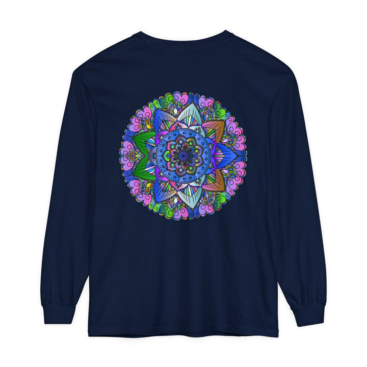 A colorful and intricate mandala design on a long sleeve unisex t-shirt